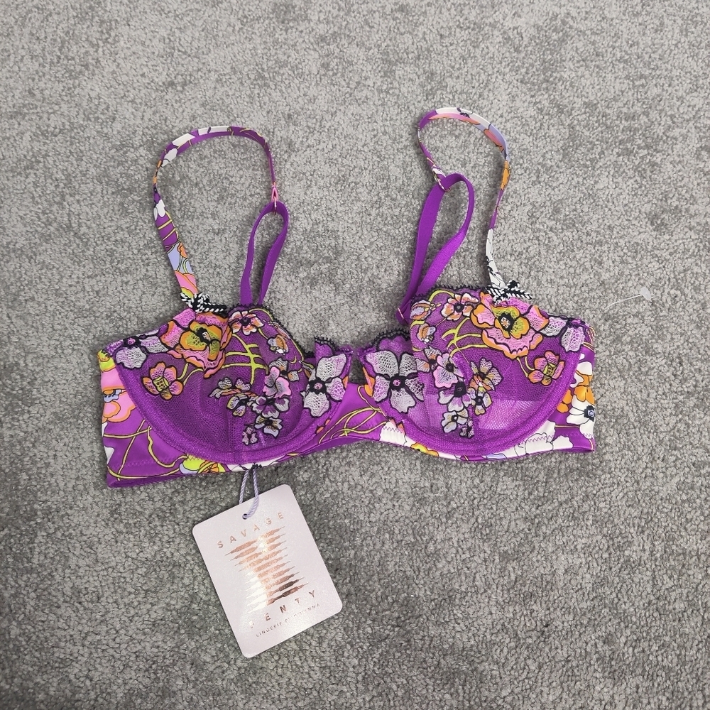 Savage X Fenty Lingerie By Rihanna Women's Purple Bra Size 30C NEW Mesh Lace